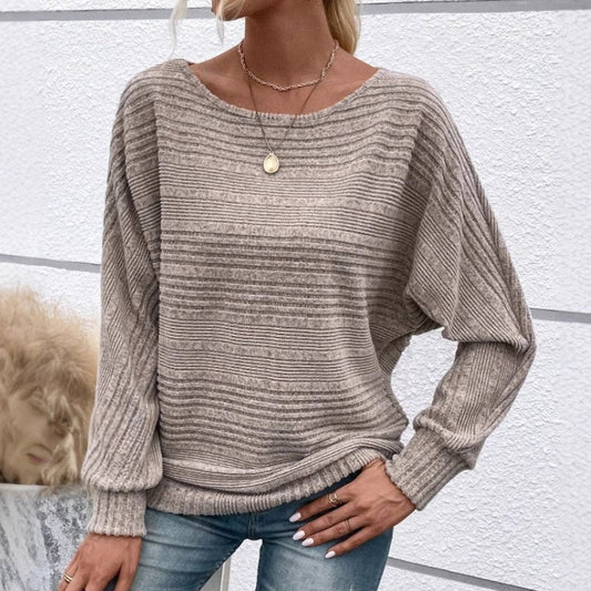 💜Solid Round-Neck Striped Top with Long Sleeves