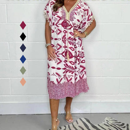 🌞Zomerse uitverkoop - 50% korting✨Bedrukte vrijetijdskaft met V-hals en franjes aan de korte mouwen