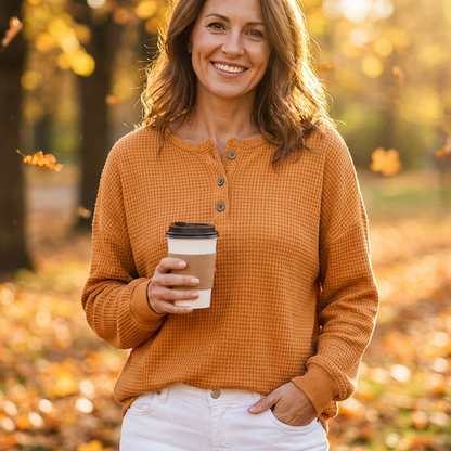 Women's Long Sleeve Waffle-Knit Henley Top